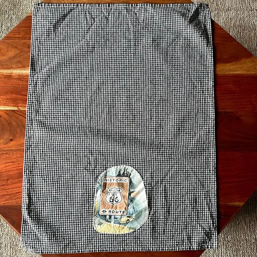 Route 66 Applique Cotton Tea Towel Gingham Farmhouse Decor Framable Art Gift